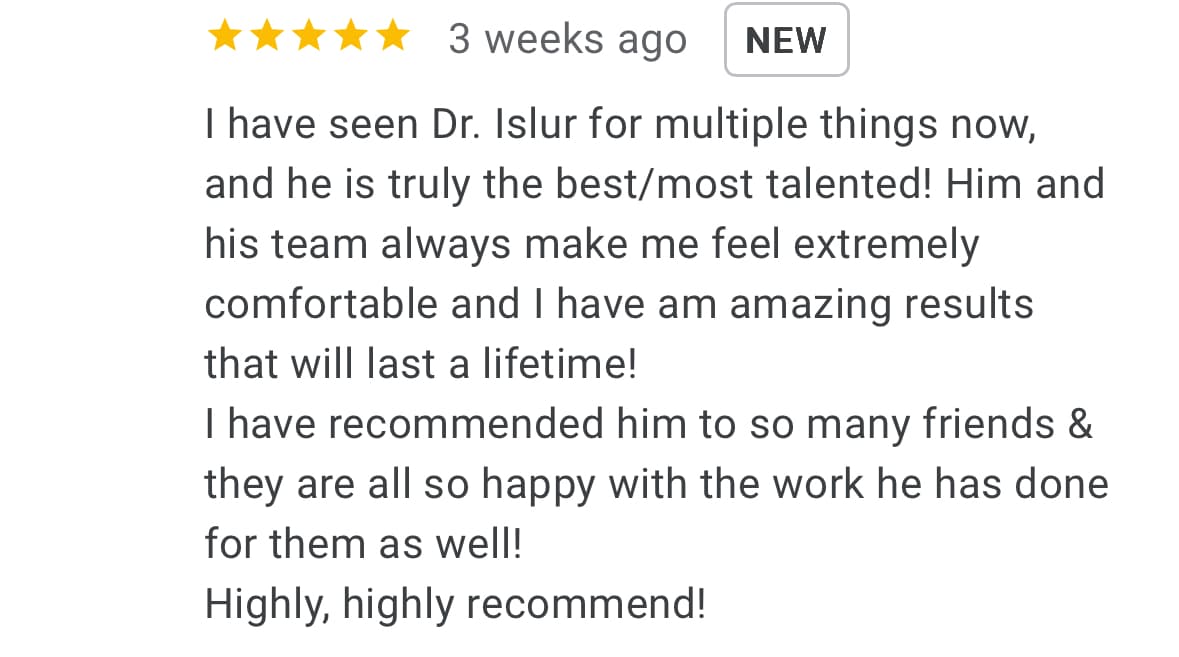 5-star Google review for Dr. Avi Islur