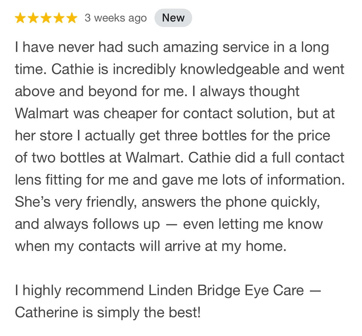 5-star Google review for Linden Ridge Eye Care